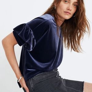 Madewell Deep Navy Velvet Ruffle Sleeve Tee Size L
